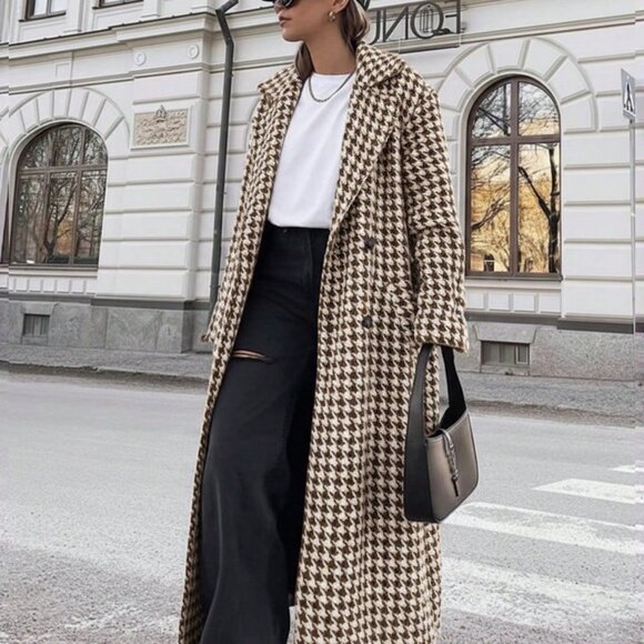 Houndstooth Casual Women's belted long trench Coat - Picture 3 of 6